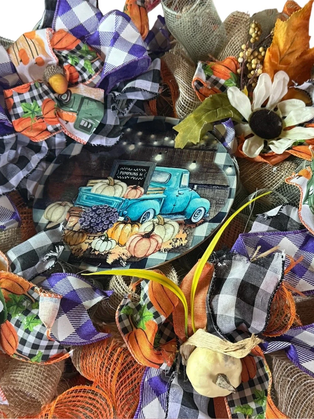 Fall Harvest Decorative Wreath Sign with Teal Truck Accent